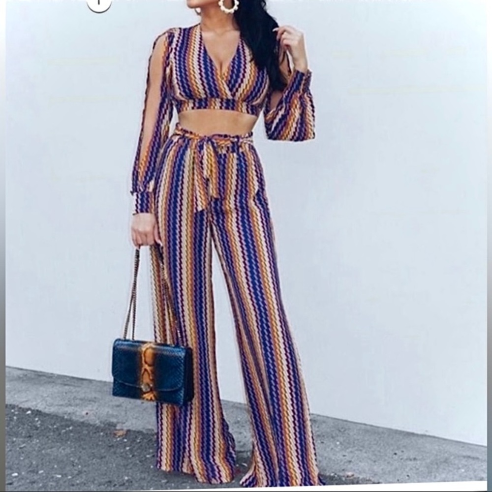 🪞 NEW two piece matching set crop top and tie wide leg pants set